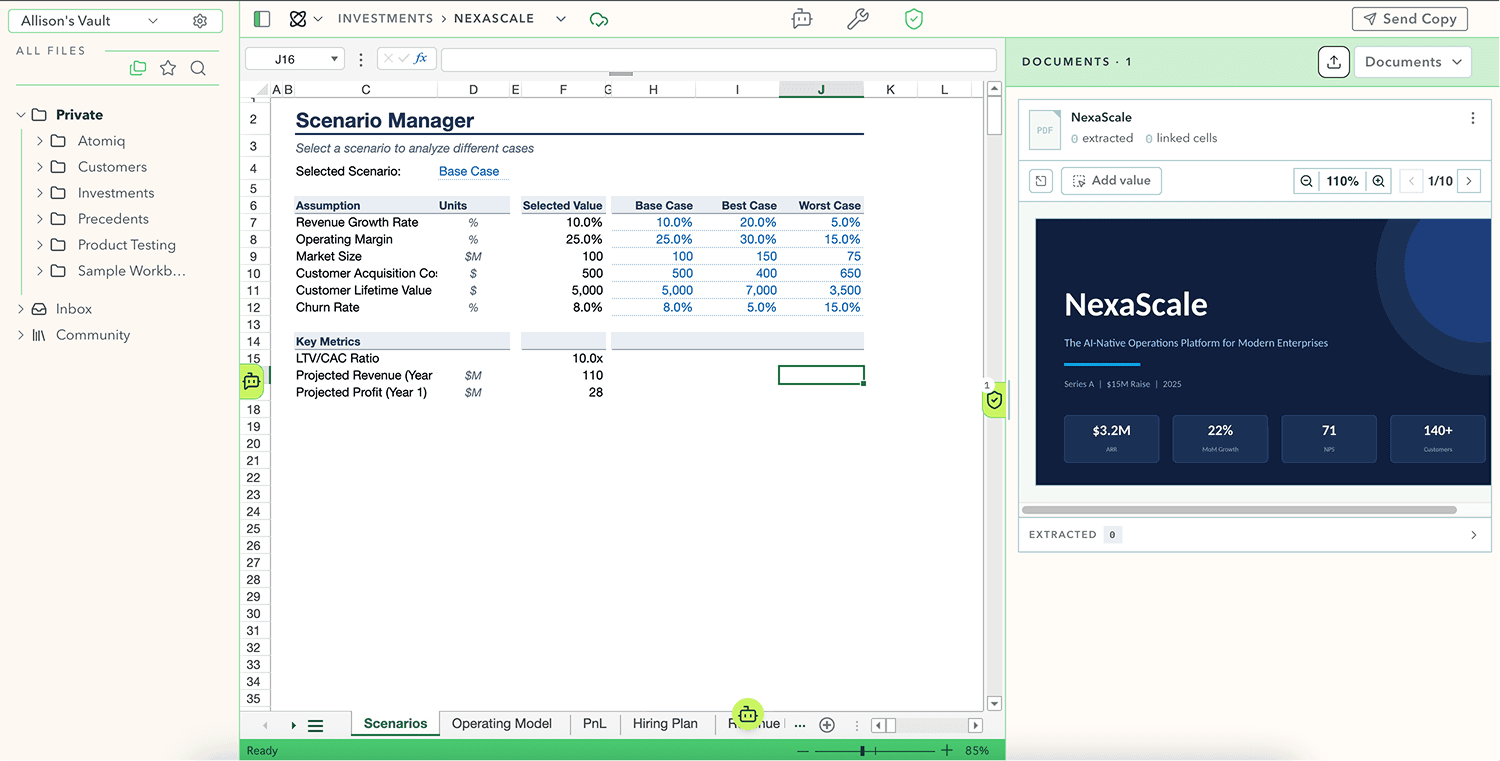 Atomiq spreadsheet interface with an AI agent using source files and prior models